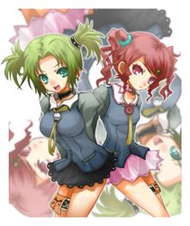  2girls barrette breasts choker curly_hair droite gauche green_eyes green_hair happy leg_garter multiple_girls necktie noraring parted_bangs payot red_eyes red_hair redhead serious short_hair short_twintails siblings skirt skull tales_of_(series) tales_of_vesperia twins twintails upside-down zoom_layer 