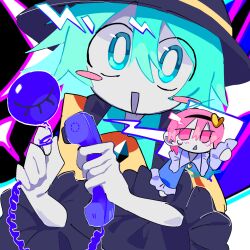  2girls antique_phone aqua_eyes aqua_hair black_hairband black_hat blouse blue_shirt blush bow buttons colored_skin diamond_button disembodied_linked_eye frilled_shirt_collar frilled_sleeves frills green_skirt hair_ornament hairband hat hat_bow heart heart_button heart_hair_ornament highres holding holding_phone komeiji_koishi komeiji_satori looking_at_viewer multiple_girls ni_(pixiv_id_103431682) phone pink_eyes pink_hair rotary_phone shirt siblings sisters skirt sweatdrop touhou white_skin wide_sleeves yellow_shirt 