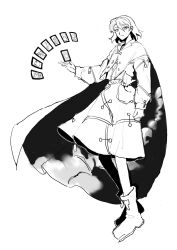  1girl ability_card_(touhou) boots cape commentary_request full_body greyscale hairband highres long_sleeves looking_at_viewer medium_hair monochrome patchwork_clothes sky_print solo tenkyuu_chimata touhou two-sided_cape two-sided_fabric wafusub_3 