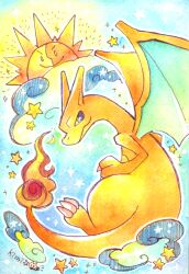  blue_eyes charizard closed_mouth clouds commentary_request fire flame-tipped_tail greenaokimi highres looking_at_viewer no_humans nostrils painting_(medium) pokemon pokemon_(creature) signature star_(symbol) sun tail traditional_media watercolor_(medium) 