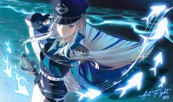  1girl absurdres aiguillette aqua_eyes arm_behind_back arm_up artist_name belt blue_nails blue_necktie blue_tunic blush buttons closed_mouth collared_shirt cowboy_shot english_text epaulettes fish from_side grey_hair hand_on_own_hat hand_up hat highres long_hair long_sleeves looking_at_viewer necktie night original pants peaked_cap pyampom sheath sheathed shirt shore smile solo sword tunic waves weapon white_belt white_pants white_shirt white_sleeves 
