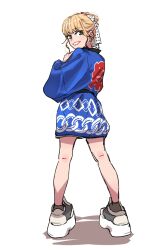 1girl absurdres anco_(platanity) blonde_hair blue_happi brown_eyes commentary full_body happi highres japanese_clothes looking_at_viewer mole mole_above_mouth open_mouth photo-referenced platform_shoes real_life sasaki_rico shoes short_hair simple_background solo untranslatable_commentary voice_actor white_background white_shoes 