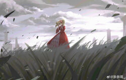  1girl 2226480274 absurdres aristocratic_clothes blonde_hair bow chinese_commentary clouds cloudy_sky commentary_request dress drill_hair earrings elizabeth_ethel_cordelia_midford flower_collar flower_hairband frilled_dress frills full_body grass green_eyes highres jewelry juliet_sleeves kuroshitsuji long_dress long_sleeves outdoors painterly puffy_sleeves red_dress sky solo standing victorian watermark weibo_watermark 