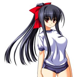  1girl black_buruma black_hair blue_buruma blush bow breasts buruma cameltoe closed_mouth game_asset gym_uniform hair_ribbon holding holding_sword holding_weapon izumi_hikaru kamei katana large_breasts large_variant_set long_hair non-web_source official_art ponytail red_eyes ribbon seito_kaichou_hikaru self-datamine simple_background smile solo sword tachi-e transparent_background variant_set weapon 