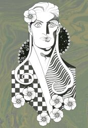  1boy adam's_apple checkered_clothes closed_mouth eyelashes flower gem hair_flower hair_ornament hairline highres iliothermia lips long_hair looking_at_viewer male_focus original pearl solo striped_clothes upper_body wide-eyed 