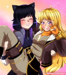  2girls ahoge animal_ears bandana bandana_around_neck black_hair blake_belladonna blake_belladonna_(atlas) blonde_hair blush brown_jacket brown_jumpsuit carrying cat_ears cat_girl closed_eyes commentary english_commentary eyelashes eyeshadow fingerless_gloves gloves grin jacket jumpsuit lips lipstick_mark lipstick_mark_on_face long_hair long_sleeves makeup multiple_girls open_clothes open_jacket orange_bandana orange_gloves patreon_username princess_carry rwby schrwby short_hair smile twitter_username v violet_eyes yang_xiao_long yang_xiao_long_(atlas) yuri 
