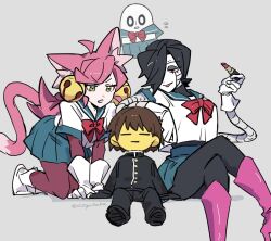  1boy 1girl 2others ahoge all_fours android animal_ear_fluff animal_ears bell black_hair black_jacket black_pants blue_sailor_collar blue_skirt boots bow bowtie brown_hair cat_ears closed_eyes colored_skin commentary cosmetics crossdressing crossdressing_(mtf) crossdressing_(otf) crossdressing_(otm) crossed_legs frisk_(undertale) gakuran ghost gloves gorira_(2525gorillachan) green_eyes hair_bell hair_ornament hair_over_one_eye holding holding_lipstick_tube jacket lipstick_tube long_hair mad_mew_mew mettaton mettaton_ex multiple_others napstablook pants pink_boots pink_hair red_bow red_bowtie sailor_collar school_uniform serafuku shirt short_hair signature sitting skirt smile undertale utdr_(toby_fox) white_gloves white_shirt yellow_skin 