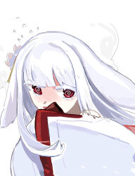  1girl @_@ ^^^ animal_ears blunt_bangs blush commentary_request covering_own_mouth embarrassed floppy_ears flower hair_flower hair_ornament head_steam highres japan_(ppfjvdjudk54073) kokkimusume long_hair long_sleeves looking_at_viewer lop_rabbit_ears nervous_sweating open_mouth personification ra_(ppfjvdjudk54073) rabbit_ears raised_inner_eyebrows red_eyes sidelocks simple_background sleeves_past_fingers sleeves_past_wrists solo sweat thick_eyelashes upper_body wavy_mouth white_background white_hair white_sleeves wide_sleeves 