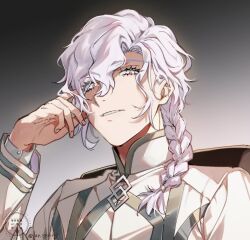  1boy braid chaldea_logo chaldea_staff_uniform coat commentary curtained_hair fate/grand_order fate_(series) gradient_background grey_background grey_eyes grey_hair grey_trim hair_between_eyes hair_over_shoulder hand_up long_hair long_sleeves looking_at_viewer m-tobiei male_focus marisbury_animusphere parted_bangs parted_lips single_braid solo twitter_username upper_body white_coat 