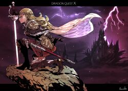  1girl 2026 anlucea aqua_eyes black_border blonde_hair boots border box_art brown_boots brown_capelet brown_gloves cape capelet castle commentary_request copyright_name dated derivative_work dragon_quest dragon_quest_iii dragon_quest_x dress floating_cape frills from_side gloves hair_slicked_back highres himiko_(326ontheweb) holding holding_sword holding_weapon lightning long_hair looking_ahead mole mole_under_mouth official_alternate_costume official_art_redraw on_one_knee planted planted_sword profile purple_sky rapier red_dress sheath signature sky solo sword thigh_boots weapon white_cape 