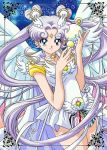  angel_wings artist_request bishoujo_senshi_sailor_moon blue_eyes brooch cape choker double_bun earrings hair_ornament hairpin jewelry long_hair magical_girl pleated_skirt purple_hair sailor_collar sailor_cosmos signature skirt smile solo staff wand white_hair wings 