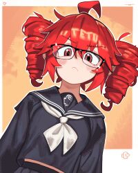  1girl absurdres ahoge among_us bespectacled black_sailor_collar black_serafuku black_shirt black_skirt border character_name closed_mouth commentary double-parted_bangs drill_hair english_commentary glasses hair_between_eyes highres kasane_teto linnees_waos long_sleeves looking_at_viewer midriff_peek neckerchief orange_background outside_border red_eyes red_hair sailor_collar school_uniform serafuku shirt sidelocks simple_background skirt solo twin_drills upper_body utau white_border white_neckerchief 