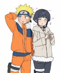  1boy 1girl :o black_hair black_pants blonde_hair blue_eyes blush brown_hoodie commentary_request facial_mark flying_sweatdrops forehead_protector hand_in_pocket heart hetero highres hood hood_down hoodie hyuuga_hinata jacket konohagakure_symbol korean_commentary long_sleeves looking_at_another looking_to_the_side naruto_(classic) naruto_(series) open_mouth orange_jacket orange_pants pants protected_link secret9050 short_hair spiky_hair uzumaki_naruto violet_eyes whisker_markings white_background 