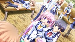  1boy 3others 6+girls animal arm_pillow back_bow bench bento black_bow black_hair black_pantyhose black_socks blue_eyes blue_jacket blue_pants blue_skirt bow bowtie brick_floor brown_hair brown_shoes buttons cat closed_eyes closed_mouth day double-breasted eliska_mandula frilled_skirt frills from_above game_asset grass green_bow green_bowtie hair_bow hair_ornament hand_on_another's_shoulder hand_on_own_hip hands_up highres hisanaga_kuon holding holding_animal holding_bento holding_cat jacket juliet_sleeves kirishima_saki_(konakana) konakana_2:_konata_yori_kanata_made_ii lapels loafers long_hair long_sleeves lying minase_(dragon_panda) miniskirt multicolored_jacket multiple_girls multiple_hair_bows multiple_others necktie non-web_source on_bench open_clothes open_jacket open_mouth outdoors pants pantyhose pink_hair pleated_skirt puffy_sleeves red_bow red_bowtie red_eyes red_necktie school_uniform self-datamine shirt shoes short_hair side-by-side sitting skirt sleeping sleeve_cuffs socks standing striped_clothes thigh-highs tokiwa_chika two-tone_jacket very_long_hair violet_eyes white_bow white_hair white_jacket white_shirt white_thighhighs x_hair_ornament yellow_bow yellow_bowtie 