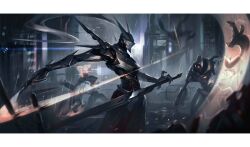  absurdres city commentary_request cyberpunk cyborg dynamic_pose highres holding holding_sword holding_weapon league_of_legends master_yi_(league) mecha night rain robot sword the_world_(pixiv_125095409) weapon 