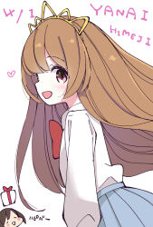  2girls birthday blush_stickers bow bowtie box brown_hair character_name closed_eyes dated gift gift_box gold_tiara grey_skirt heart highres himeji_yanai hitori_bocchi hitoribocchi_no_marumaru_seikatsu holding holding_gift katsuwo_(cr66g) long_hair long_sleeves looking_at_viewer multiple_girls official_artist_extra open_mouth pleated_skirt red_bow red_bowtie red_eyes school_uniform shirt simple_background skirt translation_request very_long_hair white_background white_shirt 