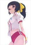  attack_no_1 ayuhara_kozue black_hair buruma from_below gym_uniform hair_ribbon maeda_risou navel object_behind_back pink_eyes ponytail ribbon risoumaeda simple_background tears volleyball volleyball_uniform white_background 