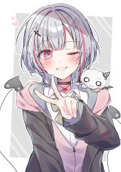  1girl asumi_sena asumi_sena_(4th_costume) black_choker black_jacket blush border bow bowtie brown_bow brown_bowtie choker collared_shirt commentary_request creature creature_on_shoulder cross_hair_ornament demon_tail fang grey_background grey_hair grin hair_ornament hand_up heart heart_necklace highres hood hood_down hooded_jacket jacket jewelry long_sleeves looking_at_viewer loose_bowtie medium_hair multicolored_hair necklace on_shoulder one_eye_closed open_clothes open_jacket outline outside_border parted_bangs partially_unzipped pink_eyes pink_jacket pink_streaks raised_eyebrow shirt simple_background skin_fang smile solo streaked_hair tail upper_body v virtual_youtuber vspo! white_border white_outline white_shirt yunagi_(yng_hoti) 