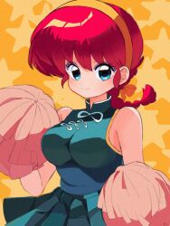  1girl alternate_costume bare_shoulders blue_bow blue_eyes blunt_bangs bow braid braided_ponytail breasts cheerleader chinese_clothes commentary cowboy_shot green_shirt green_skirt hairband holding holding_pom_poms medium_breasts miniskirt pleated_skirt pom_pom_(cheerleading) ranma_1/2 red_eyes sanamaru_(sana79261827) saotome_ranma saotome_ranma_(female) shanghai_neckline shirt simple_background skirt sleeveless sleeveless_shirt smile solo star_(symbol) star_symbol_background yellow_background yellow_hairband 
