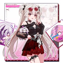  1girl alternate_costume black_choker black_nails black_shirt breasts castorice_(honkai:_star_rail) chinese_commentary choker commentary_request facial_mark heart heart_facial_mark highres honkai:_star_rail honkai_(series) long_hair long_sleeves multicolored_hair red-framed_eyewear red_eyes red_hair red_skirt shirt skirt solo sparkle_(honkai:_star_rail) sparxie_(honkai:_star_rail) thigh_strap tongue tongue_out twintails white_hair yuehuihui 