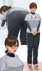  1girl absurdres ass black_pants breasts brown_hair closed_eyes commentary_request compression_shirt dark-skinned_female dark_skin from_behind glasses highres kosubi_(tsuneta328) large_breasts mole multiple_views narrowed_eyes open_mouth original own_hands_together pants shirt shoes short_hair smile sneakers standing tomboy white_shirt 