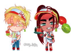  1boy 1girl alien_stage apron balloon blonde_hair blue_pants carhop chibi chibi_only collared_shirt colored_eyelashes crop_top dark-skinned_female dark_skin drink foam_finger green_eyes hair_between_eyes high_side_ponytail highres hyuna_(alien_stage) jeinb174 knee_pads long_hair luka_(alien_stage) mouth_hold official_alternate_costume pants roller_skates shirt short_hair short_sleeves side_ponytail signature single_knee_pad skates skirt striped_clothes striped_shirt thick_eyebrows twitter_username two-tone_shirt vertical-striped_clothes vertical-striped_shirt visor_cap waiter waitress white_apron white_background white_shirt yellow_eyes yellow_shirt yellow_skirt 
