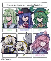  absurdres android black_hat blue_hair blue_hat blue_kimono bow bowtie character_name commentary_request copyright_name english_text green_eyes green_hair green_hat hat highres hinanawi_tenshi japanese_clothes kimono long_hair medium_hair mob_cap multiple_drawing_challenge one_eye_closed peach_hat_ornament pink_hair prmkq red_bow red_bowtie saigyouji_yuyuko short_hair six_fanarts_challenge skeleton smile touhou translation_request upper_body white_hair 