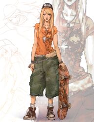  1girl absurdres baseball_cap black_hat bleerghw blonde_hair blue_eyes bracelet breasts brown_shoes cargo_shorts commentary contrapposto cross cross_necklace dermal_piercing english_commentary eyes_visible_through_hair facial_mark full_body green_shorts hat highres jewelry long_hair medium_breasts multiple_bracelets multiple_necklaces naruko_(naruto) naruto_(series) naruto_shippuuden necklace shoes shorts skateboard sneakers solo spiked_bracelet spikes tomboy tongue tongue_out vans whisker_markings 