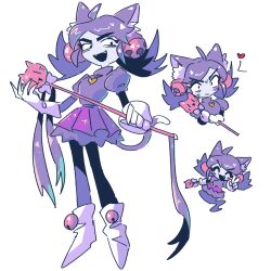  11001_dayo ahoge animal_ears bell bell_ear_ornament blush cat_ears cat_girl cat_tail deltarune footwear_bell ghost_pink_(deltarune) gloves gold_bell hair_bell hair_ornament heart heart_locket heart_necklace heart_pendant highres holding holding_wand jewelry locket mad_mew_mew necklace pendant purple_hair simple_background sweatdrop tail thick_eyebrows tutu utdr_(toby_fox) wand white_background white_gloves 