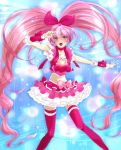  :d :p aqua_eyes bad_id blue_background bow brooch choker cure_melody dress frills hair_ribbon hairband happy heart houjou_hibiki jewelry long_hair magical_girl mepu midriff navel open_mouth pink_hair pink_legwear precure ribbon smile solo staff_(music) suite_precure thigh-highs thighhighs tongue twintails v wrist_cuffs 
