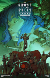  1girl aramaki_daisuke batou_(gits) beard bodysuit boma_(gits) boots commentary copyright_name english_commentary english_text eyepatch facial_hair fuchikoma ghost_in_the_shell gun handgun highres holding holding_gun holding_weapon ian_su ishikawa_(gits) kusanagi_motoko machine machine_gun multiple_boys paz_(gits) rifle robot saitou_(gits) scope short_hair smile standing the_ghost_in_the_shell_(2026) togusa_(gits) weapon 