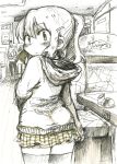  1girl ass blush denny&#039;s from_behind hadekan hair_ornament hairclip hoodie looking_at_viewer looking_back monochrome original ponytail restaurant sketch skirt solo thighhighs traditional_media zettai_ryouiki 