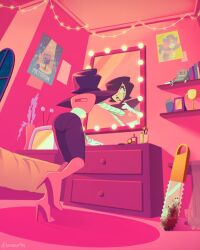  1boy androgynous bed bedroom binscurtis black_hair black_pants blood blood_on_weapon boots ceiling chainsaw drawer highres indoors looking_at_mirror mettaton mettaton_(box) mettaton_ex mirror pants photo_(object) pink_boots pink_carpet pink_theme plant poster_(object) red_lips television trap trophy undertale utdr_(toby_fox) weapon 