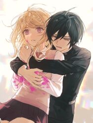  1boy 1girl ahoge akamatsu_kaede black_hair black_jacket blonde_hair blood blood_on_clothes blood_on_face blood_on_hand colored_blood danganronpa_(series) danganronpa_v3:_killing_harmony fu_ga_(vivi912912) hair_ornament half-closed_eyes highres hug hug_from_behind jacket long_hair long_sleeves lower_teeth_only musical_note musical_note_hair_ornament necktie open_mouth orange_necktie pink_blood pink_vest purple_skirt saihara_shuichi shirt short_hair simple_background skirt teeth vest violet_eyes white_background white_shirt 