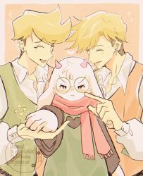  3boys :t black_eyes blonde_hair cheek_poking commentary_request deltarune dual_persona flowery_(deltarune) frown furry furry_male glasses goat_boy green-framed_eyewear green_vest harumiya_ut highres male_focus multiple_boys orange_background orange_vest pink_scarf poking ralsei scarf short_hair utdr_(toby_fox) very_short_hair vest watermark 