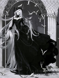  1girl absurdly_long_hair absurdres arch aristocratic_clothes bare_shoulders beckoning bird black_bird black_collar black_dress black_gloves black_headdress black_ribbon chain closed_mouth collar collarbone colonnade colored_skin column commission cross cuffs curtained_hair detached_collar dress english_text expressionless flat_chest floating_clothes floating_hair frown full_body gloves gown grey_hair greyscale handcuffs head_tilt highres latin_cross long_dress long_hair looking_at_viewer middle_part mihuashi_commission monochrome off-shoulder_dress off_shoulder open_hands original outdoors pillar ribbon single_hair_intake slit_pupils solo standing toduring torn_ribbon very_long_hair white_bird white_eyes white_skin 