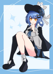  1girl absurdres asymmetrical_legwear bird_hat_ornament black_bow black_bowtie black_capelet black_hat black_pantyhose black_shoes blue_border blue_hair blue_necktie blue_skirt border bow bowtie braid braided_hair_rings capelet closed_mouth collared_shirt commentary_request deerstalker footwear_bow frilled_skirt frilled_socks frills full_body grey_vest hair_bow hair_rings hand_on_own_chin hat hat_bow highres hoimi556 layered_skirt long_sleeves mahou_shoujo_no_majo_saiban necktie pantyhose shirt shoes short_hair single_leg_pantyhose sitting skirt socks solo tachibana_sherry vest white_bow white_shirt white_socks yellow_eyes 