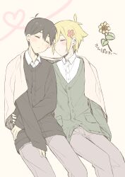  2boys absurdres alternate_costume antenna_hair basil_(faraway)_(omori) basil_(omori) black_cardigan black_hair cardigan closed_eyes closed_mouth collared_shirt commentary_request double-parted_bangs flower green_cardigan grey_pants hair_between_eyes hair_flower hair_ornament highres invisible_chair long_sleeves male_focus manimani_(mani_ma) multiple_boys omori pants shared_blanket shirt short_hair sidelocks sitting sunny_(omori) translation_request 