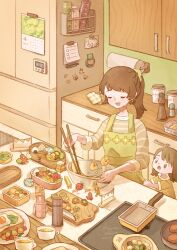  2girls apron bento bowl bread bread_slice brown_hair cabinet calendar_(object) child chopsticks closed_eyes commentary_request cooking counter cutting_board dated drawer food fried_egg fried_egg_on_toast green_apron green_scrunchie hair_ornament hair_scrunchie highres indoors kitchen knife living_food mixing_bowl mother_and_child mother_and_daughter multiple_girls octopus onigiri open_mouth original parent_and_child ponytail refrigerator scrunchie shina_(shiina_tsuushin) signature soup thermos toast 