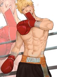  1boy abs absurdres adjusting_clothes adjusting_gloves biting bleerghw blonde_hair blue_eyes boxing_gloves boxing_ring boxing_shorts commentary cowboy_shot english_commentary facial_mark gloves head_tilt highres male_focus naruto_(series) naruto_shippuuden navel pectorals shorts signature smile solo toned toned_male topless_male uzumaki_naruto whisker_markings zoom_layer 