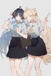  2girls absurdres ahoge alternate_costume arm_hug bag black_hair black_skirt blonde_hair blue_eyes blue_hair breasts closed_mouth colored_inner_hair food grey_background hair_intakes hand_up highres holding holding_food holding_popsicle long_hair looking_at_viewer medium_breasts multicolored_hair multiple_girls one_eye_closed parted_lips popsicle roroc2x_x school_bag school_uniform shirt shirt_tucked_in siblings simple_background sisters skirt smile suisui_(wuthering_waves) tacet_mark_(wuthering_waves) white_shirt wuthering_waves yangyang_(wuthering_waves) yangyang_(xuanling)_(wuthering_waves) yellow_eyes 