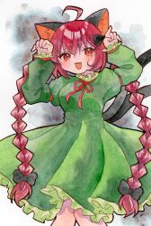 1girl ahoge animal_ears blush bow braid cat_ears cat_girl cat_tail commentary_request dress frilled_dress frills green_dress hair_bow highres kaenbyou_rin long_hair long_sleeves looking_at_viewer multiple_tails open_mouth pppppks red_eyes short_eyebrows side_braids solo tail touhou twin_braids two_tails very_long_hair 