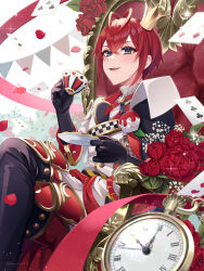  1boy 2mugi absurdres ace_(playing_card) ace_of_hearts analog_clock bishounen black_jacket card clock club_(shape) commentary_request crossed_legs cup falling_petals flower heart highres jacket ouji_fashion petals playing_card red_eyes red_flower red_theme riddle_rosehearts roman_numeral solo stopwatch teacup three_of_clubs three_of_diamonds throne twisted_wonderland two_of_spades 