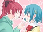  blue_eyes blue_hair blush eye_contact finger_to_chin fingers hachiya_mei hand_on_another's_face hands_on_face hatiyamei long_hair looking_at_another mahou_shoujo_madoka_magica miki_sayaka multiple_girls pink_background pocky ponytail red_eyes red_hair redhead sakura_kyouko short_hair star tears 