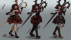  1girl alternate_costume black_bow black_hair black_pants black_socks boots bow breasts collarbone dress drill_hair full_body gradient_background grey_background gwen_(league) hair_bow highres holding holding_scissors kneehighs large_breasts league_of_legends lones_(lonesart) long_hair nail_polish noxus_(league) oversized_object pants red_dress red_hair scissors socks standing unfinished 