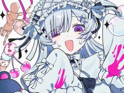  1girl :d blood blood_on_clothes bow checkerboard_cookie cherry collar colored_blood commentary_request cookie crazy cross-laced_hairband crying crying_with_eyes_open dot_nose drawing_mannequin dress eyes_visible_through_hair food frilled_collar frilled_hairband frilled_sleeves frills fruit hair_bow hair_over_one_eye hairband hairband_ribbon hands_up headband highres ice_cream lolita_fashion lolita_hairband long_hair looking_at_viewer mahou_shoujo_no_majo_saiban minna_de_zutto_shiawase_ni_kazoku_de_issho_ni_tanoshii_party_wo multiple_hair_bows mumesan2 natsume_an-an neck_ribbon official_alternate_costume one_side_up parted_bangs pink_blood portrait raised_eyebrows ribbon shirt simple_background sleeve_bow sleeves_past_fingers sleeves_past_wrists smile soap_bubbles solo sparkle spoilers tears violet_eyes white_background white_bow white_dress white_hair white_headband white_ribbon white_shirt wide_sleeves 