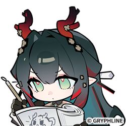  arknights arknights:_endfield bare_shoulders black_gloves book chibi chibi_only detached_sleeves dragon_girl dragon_horns drawing_(action) eastern_dragon_horns eyeliner gloves green_eyes green_hair hair_intakes hair_ornament hair_stick holding holding_book holding_pen horns long_hair looking_at_object lowres makeup multicolored_hair official_art pen pointy_ears red_eyeliner red_hair red_horns sidelocks strapless zhuang_fangyi_(arknights) 