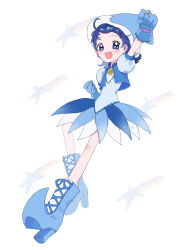  1girl :d ahoge arm_up blue_boots blue_dress blue_eyes blue_gloves blue_hair blue_hat blue_jacket boots bracelet clenched_hands commentary cropped_jacket dress earrings full_body gloves hat high_heel_boots high_heels highres jacket jewelry knee_up lace-up_boots looking_at_viewer magical_girl mashiro medium_hair ojamajo_doremi open_clothes open_jacket open_mouth outstretched_arm pointy_boots puffy_short_sleeves puffy_sleeves raised_eyebrows ring senoo_aiko short_dress short_sleeves smile solo sphere_earrings twitter_username untranslatable_commentary white_background witch witch_hat 