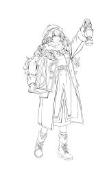  1girl absurdres ankle_boots arm_up belt boots carrying carrying_under_arm chinese_commentary coat commentary_request dress full_body gloves greyscale hat highres holding holding_lantern holding_suitcase huazhadi lantern legs_apart lineart long_dress long_hair looking_up marcus_(reverse:1999) monochrome neckerchief newsboy_cap reverse:1999 scarf socks solo standing suitcase white_background 