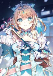  aqua_dress aqua_eyes aqua_gem aqua_hair aqua_ribbon belt blonde_hair breasts circlet commentary_request detached_collar dress drill_hair drill_sidelocks facing_viewer frilled_sleeves frills gem genshin_impact gloves hair_ribbon highres holding holding_staff holding_weapon ka_e_de long_hair looking_at_viewer medium_breasts multicolored_hair outdoors parted_lips pink_belt pointy_ears ribbon sidelocks smile snow snowing staff stellar_linchpin streaked_hair swept_bangs upper_body vesna_(genshin_impact) weapon white_dress white_gloves 